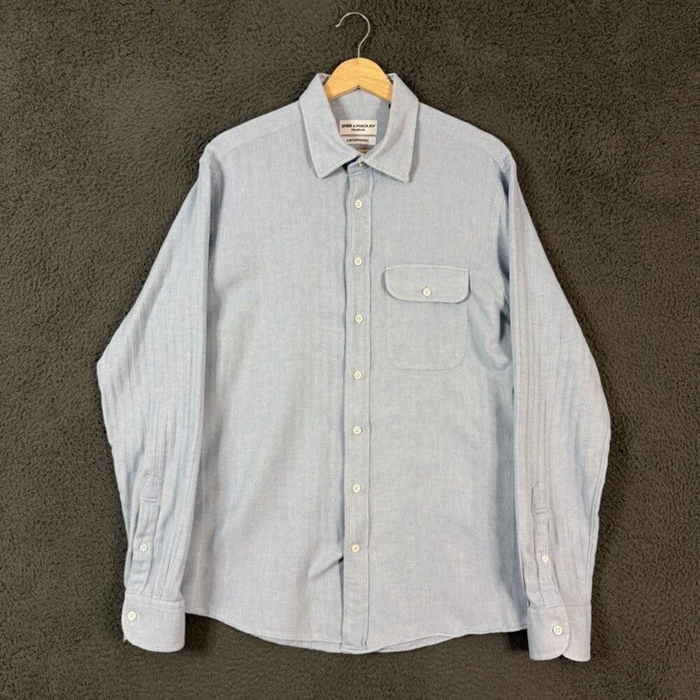 Spier & Mackay Shirt Mens Large Blue Contemporary Fit Herringbone Button Up